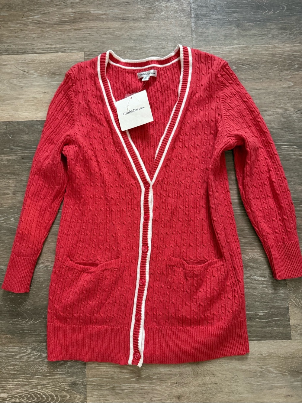 croft & barrow Dark Pink Cable-Knit Cardigan with White Trim